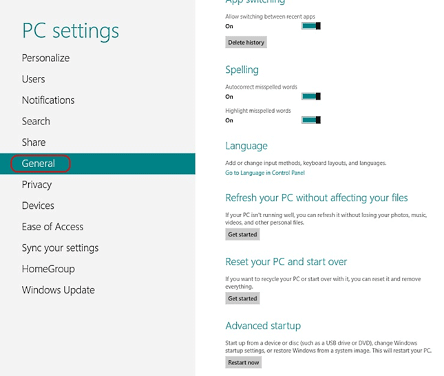 PC Settings, General